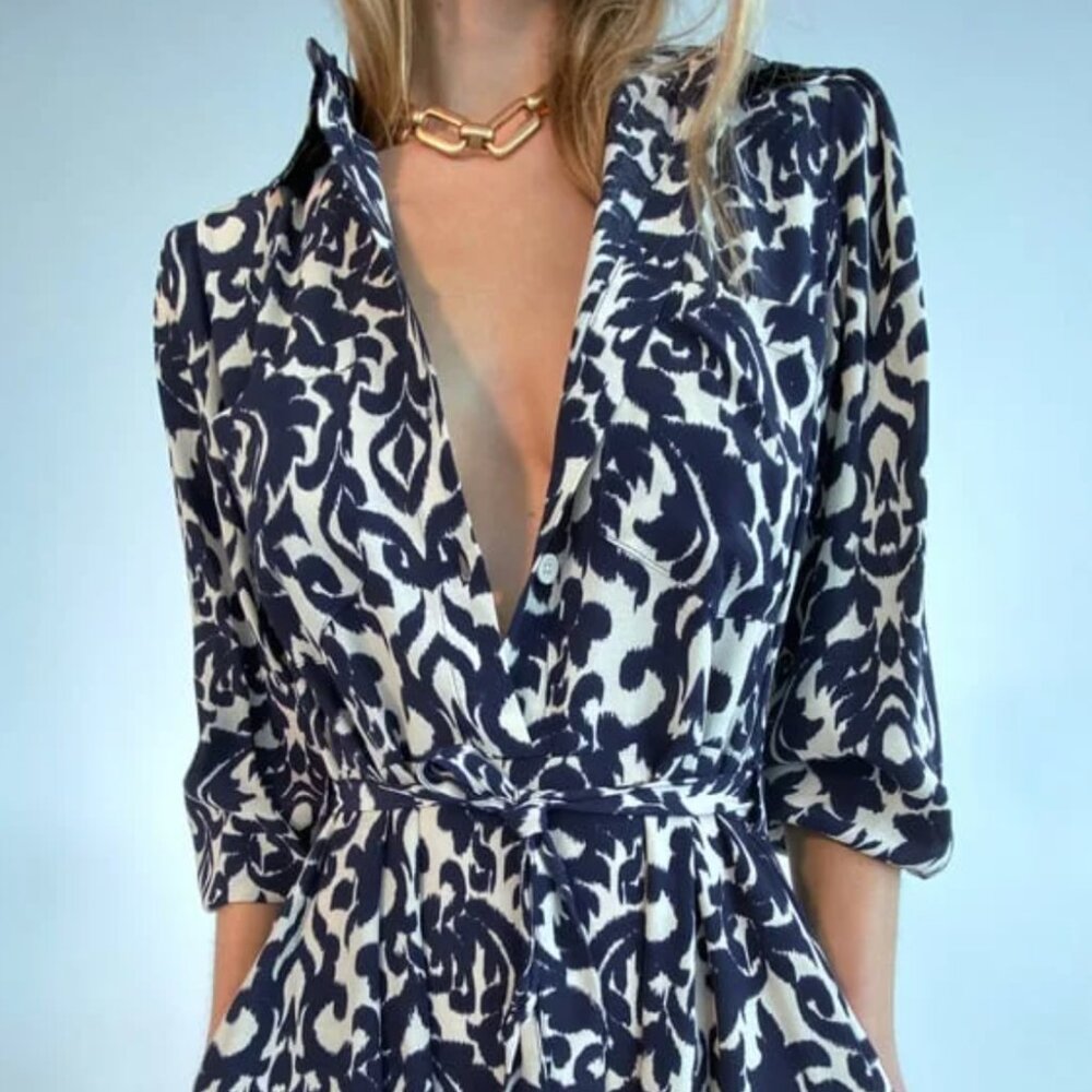 Zara Navy and White Long Sleeve Printed Midi Dress - Picture 5 of 7